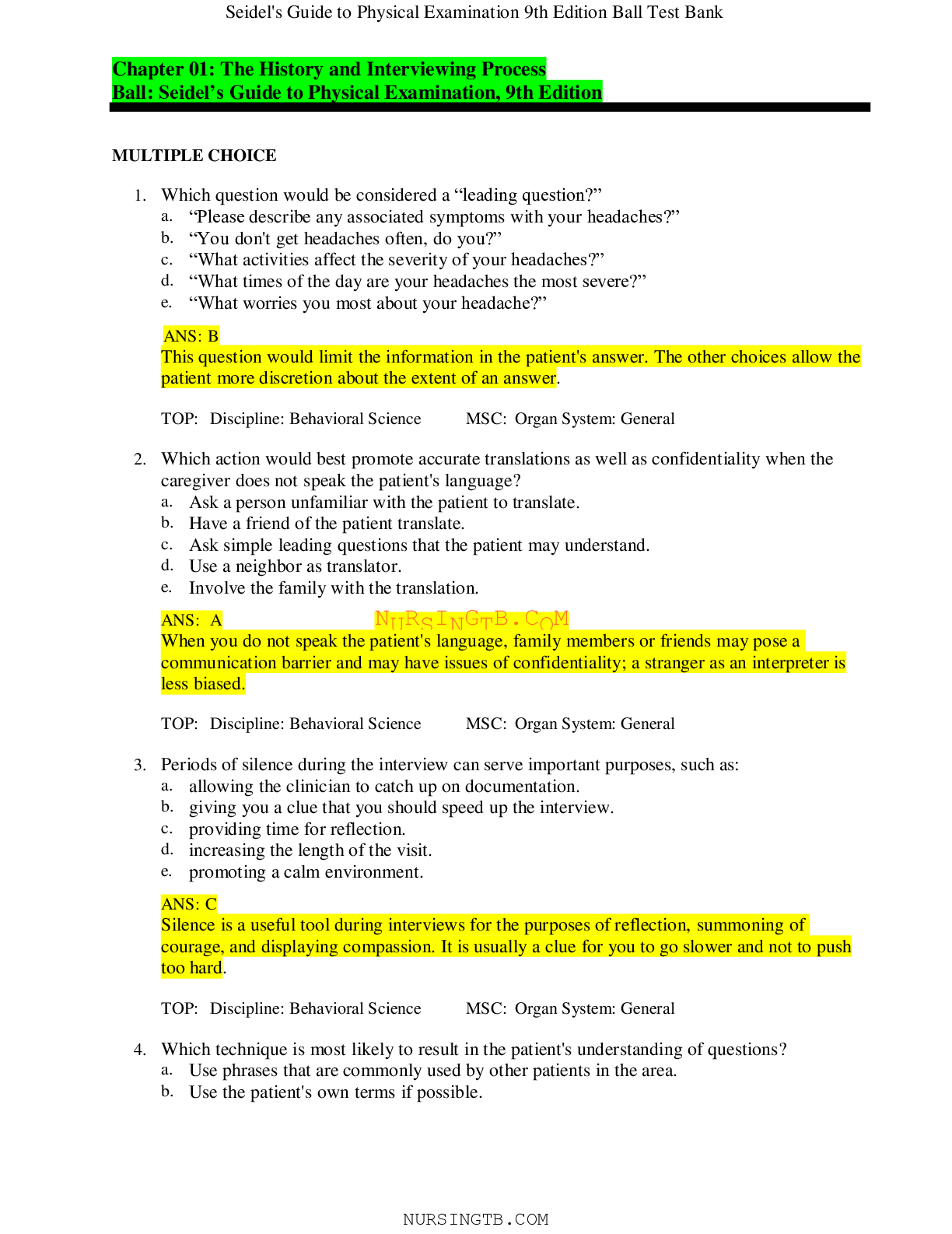 Preview image for Seidel's Guide to Physical Examination 9th Edition Ball Test Bank